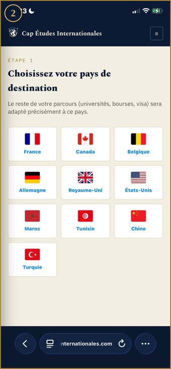 Choix du pays de destination