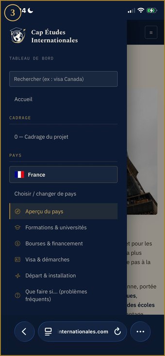 Menu du pays choisi avec aperçu sélectionné